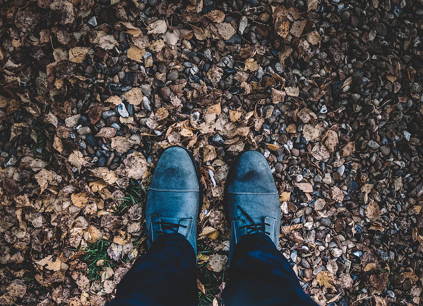 Top-down view of blue suede shoes on autumn leaves