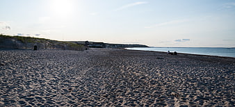 Wide Panoramic View of Sandy Beach at Sunset with Dunes
