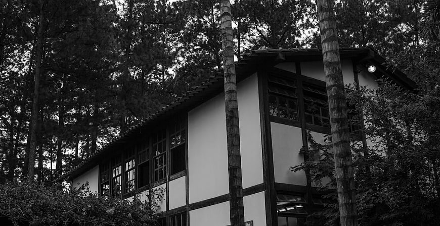 Black and white photo of traditional house in forest