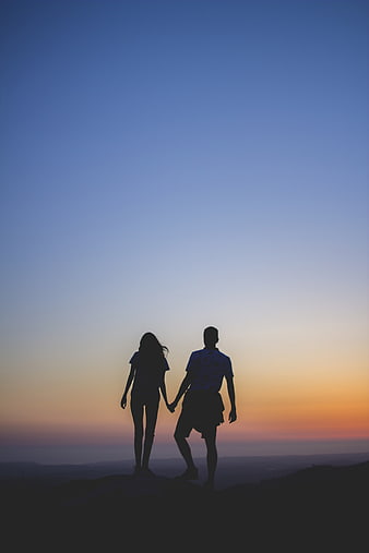 Silhouette of couple holding hands at sunset
