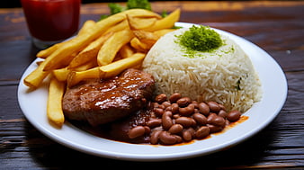 Brazilian Feijoada Plate with Rice, Beans, Meat, and Fries