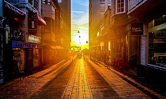 Golden Hour Tram Tracks on European Pedestrian Street