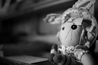 Vintage Black and White Plush Rabbit Toy Close Up