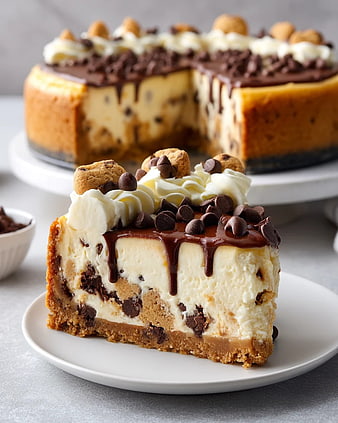 Chocolate Chip Cookie Dough Cheesecake Slice with Whipped Cream