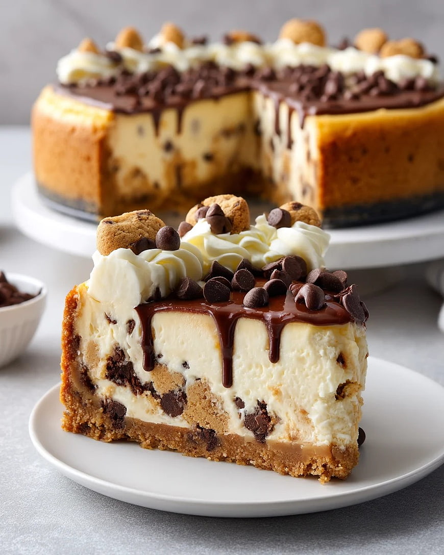Chocolate Chip Cookie Dough Cheesecake Slice with Whipped Cream