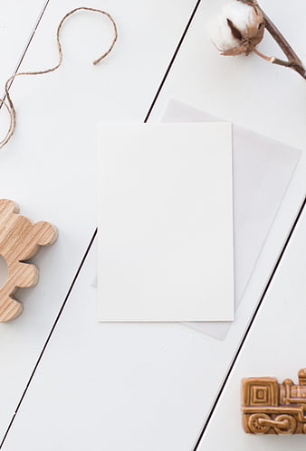 White Card Mockup Flat Lay With Wooden Train And Cotton