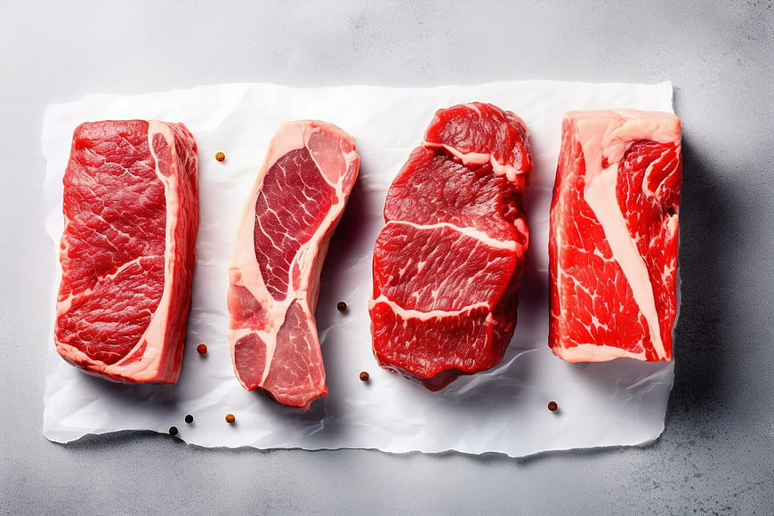 Top View of Four Raw Beef Steak Cuts on White Paper