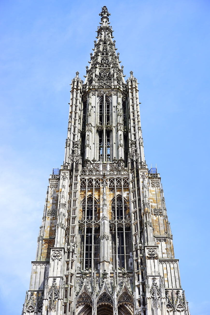 Ulm Minster Gothic Cathedral Tower Spire Against Blue Sky