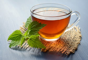 Glass Cup of Herbal Nettle Tea on Burlap
