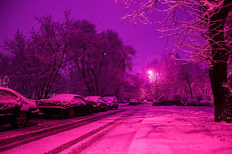 Snowy Winter Street Scene With Purple Night Lighting