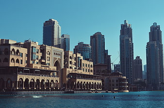 Dubai Creek skyline with traditional architecture and modern skyscrapers