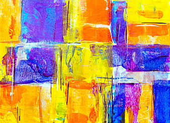 Vibrant Abstract Acrylic Painting with Yellow, Purple, and Orange Blocks