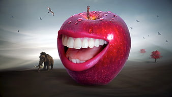 Surreal red apple with human mouth and teeth in landscape