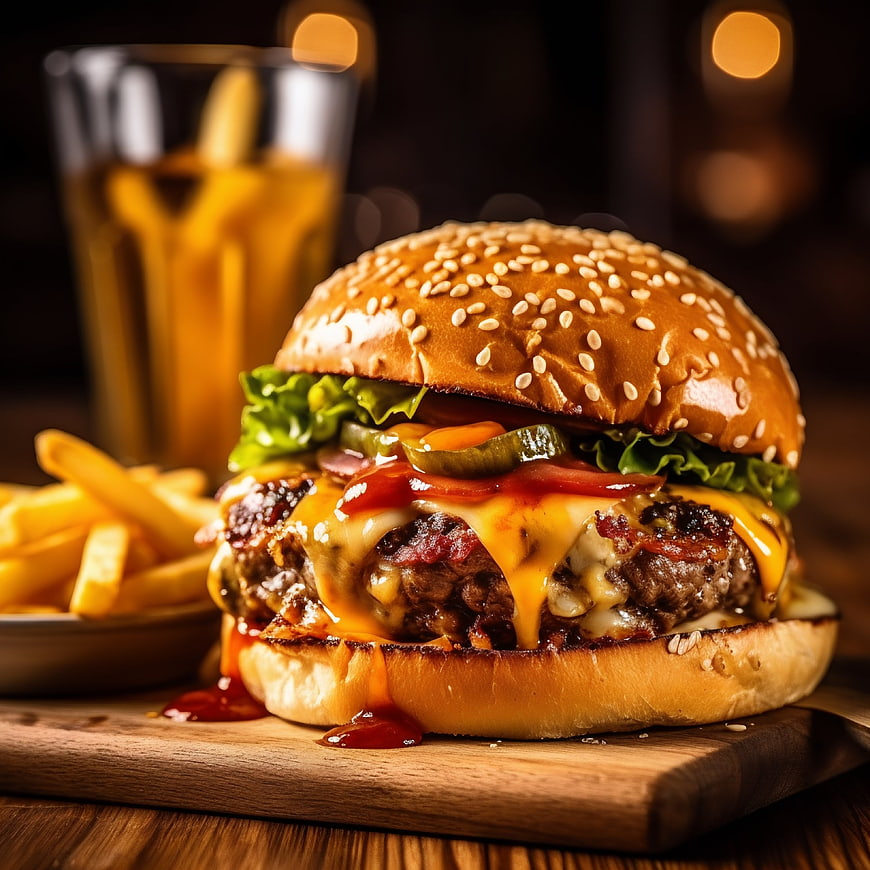 Juicy Cheeseburger with Fries on Wooden Board