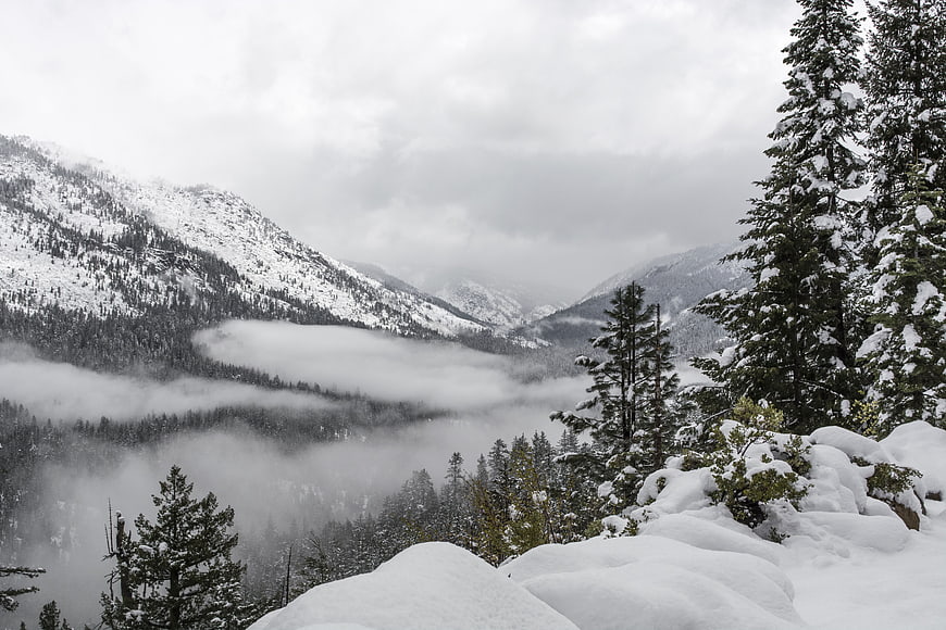Snowy mountain landscape with fog and pine trees