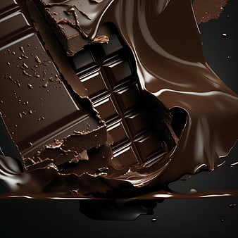 Melting dark chocolate bar with liquid splash on black background
