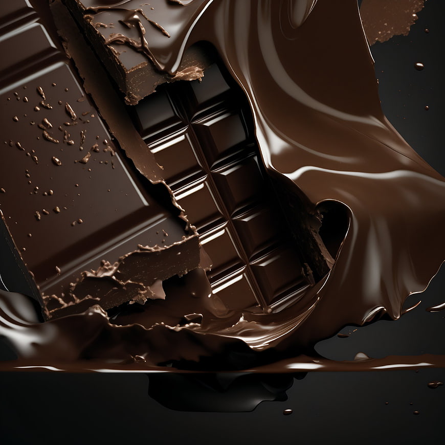 Melting dark chocolate bar with liquid splash on black background