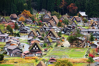Aerial View of Traditional Gassho-Zukuri Houses in Shirakawa-go, Japan
