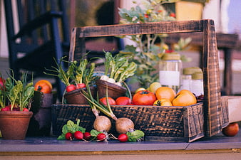 Rustic wooden crate filled with fresh organic vegetables and herbs
