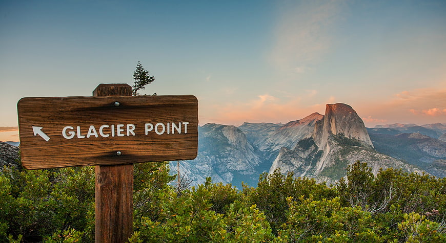 Glacier Point Sign with Half Dome Mountain View