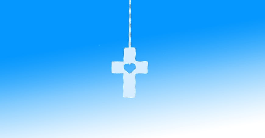 White Cross Pendant with Heart on Blue Gradient Background