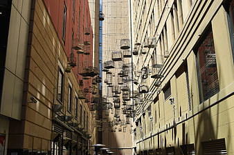 Urban alleyway with hanging wire birdcage art installation