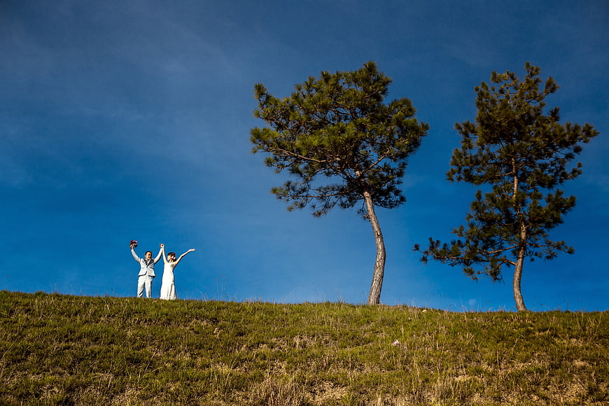 Joyful couple celebrating on a grassy hill with pine trees