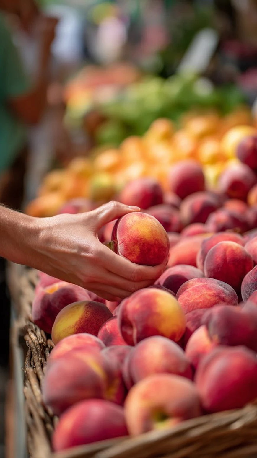 Hand Selecting Fresh Peach at Farmers Market