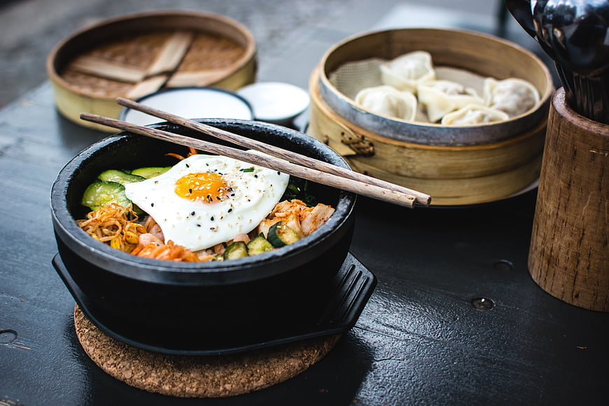 Korean Bibimbap with Fried Egg and Steamed Dumplings