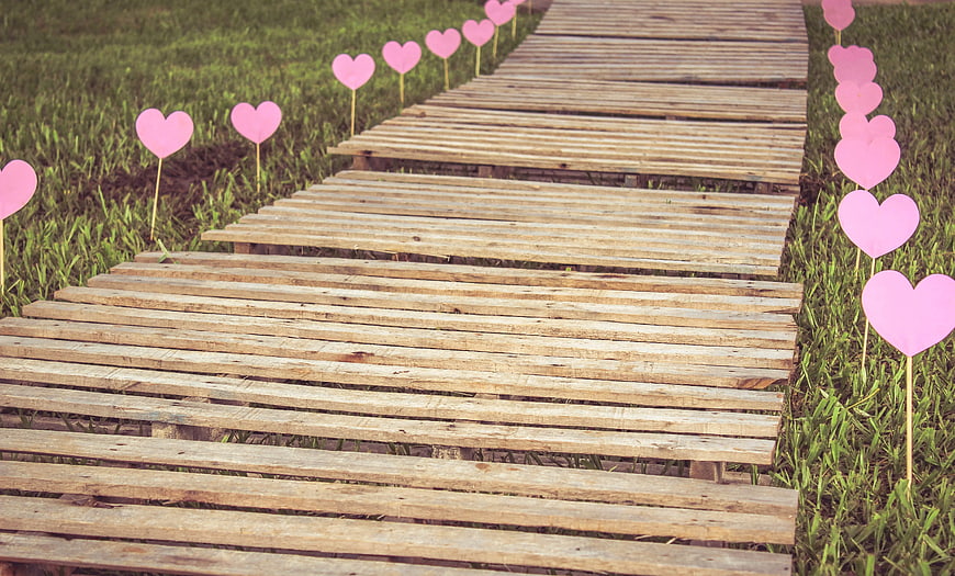 Wooden Path Lined with Pink Hearts in Green Grass