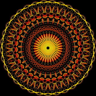 Vibrant Red and Yellow Geometric Mandala Pattern on Black Background