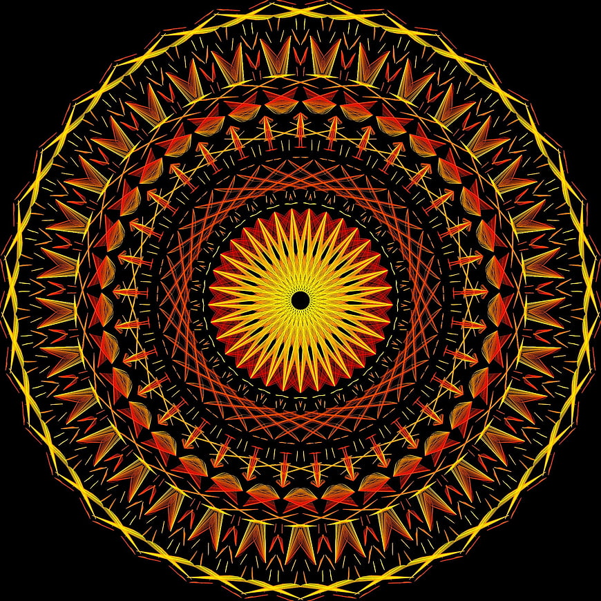 Vibrant Red and Yellow Geometric Mandala Pattern on Black Background