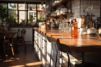 Sunlit modern kitchen with wooden island and amber bottle