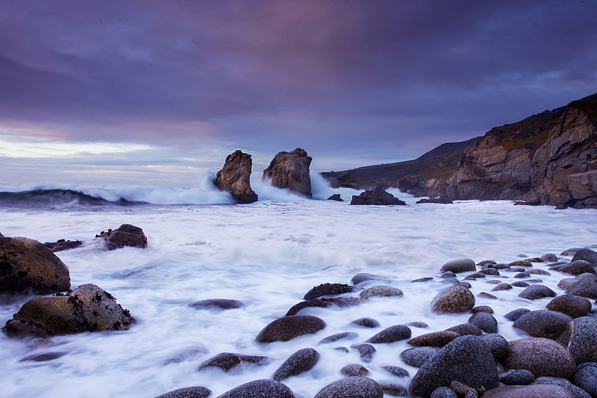 Dramatic Coastal Landscape with Sea Stacks and Long Exposure Waves