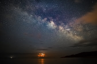 Milky Way Galaxy Over Ocean at Night with Moonlight Reflection