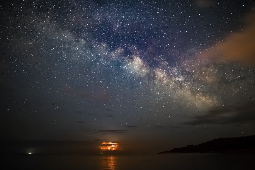 Milky Way Galaxy Over Ocean at Night with Moonlight Reflection