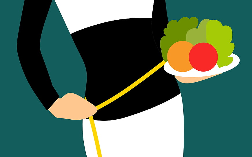 Flat vector illustration of woman measuring waist with tape and holding healthy salad