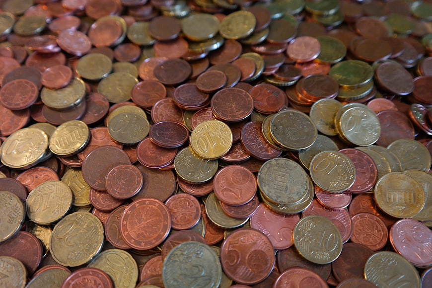 Pile of mixed Euro coins close-up