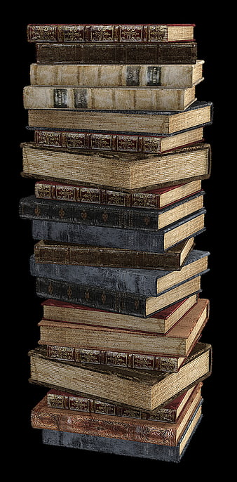 Stack of antique leather-bound books isolated on black background