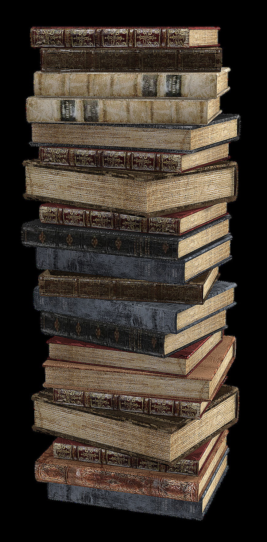 Stack of antique leather-bound books isolated on black background