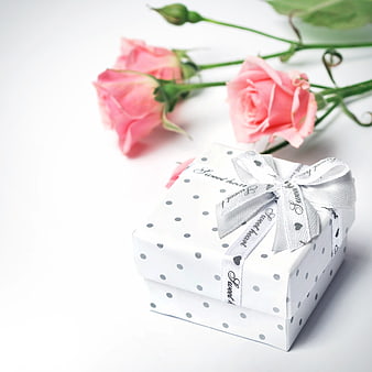 White Polka Dot Gift Box with Pink Roses on White Background