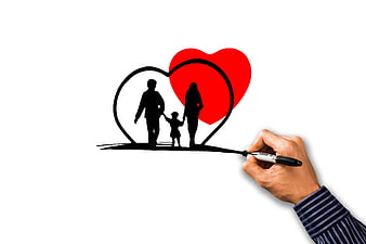 Hand drawing family silhouette inside heart with marker