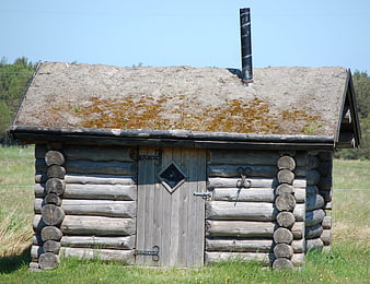Old rustic log cabin with thatched roof in summer field