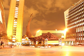 Medellin City Hall Plaza At Night With Monumental Sculpture