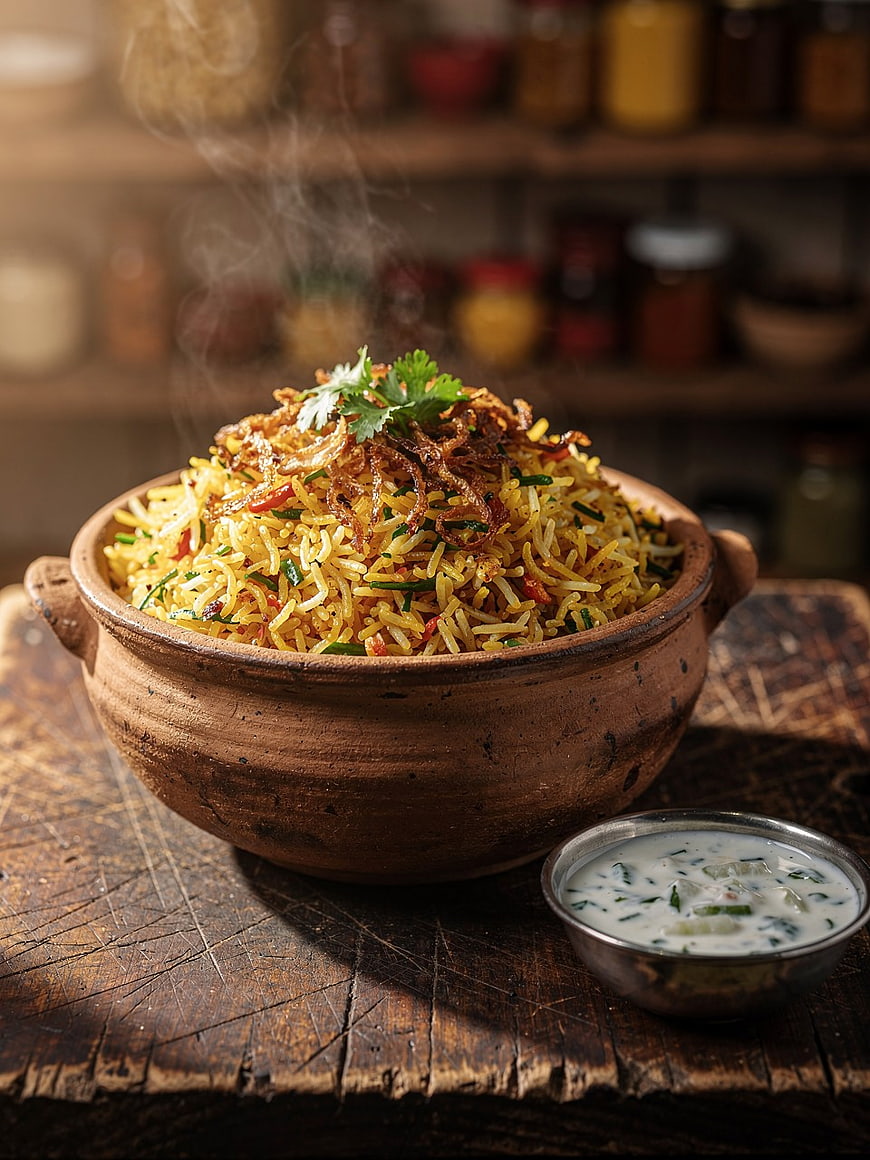 Steaming Biryani in Clay Pot with Raita