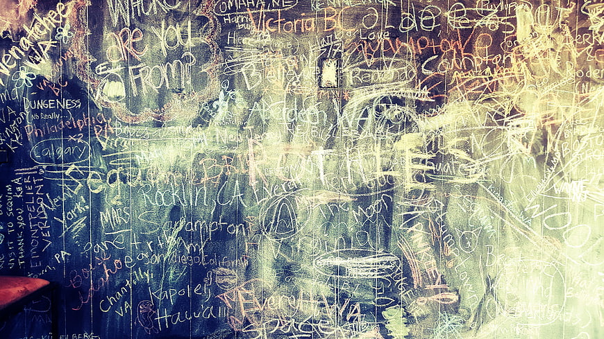 Grunge chalkboard wall covered in colorful handwritten text and travel locations