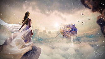 Fantasy Woman in White Dress Gazing at Floating Castle in Clouds