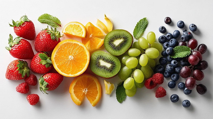Top View of Fresh Mixed Fruits on White Background