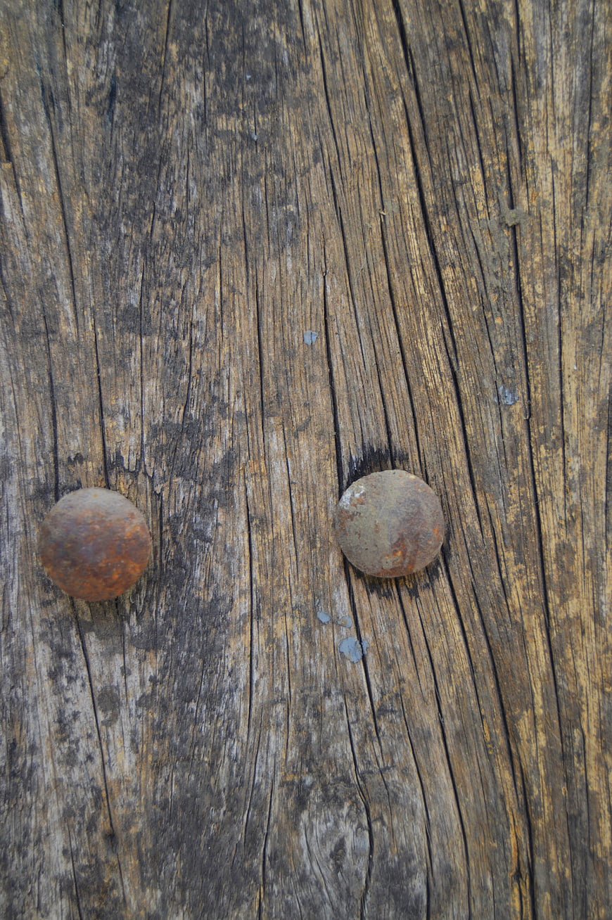 Rusty Nails on Weathered Wood Texture Background