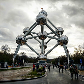 Atomium landmark in Brussels under cloudy sky